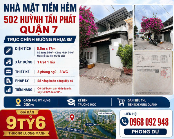 BÁN 2 TẦNG  NHÀ HẺM XE HƠI 502 HUỲNH TẤN PHÁT – QUẬN 7 NGAY TRUNG TÂM QUẬN 7