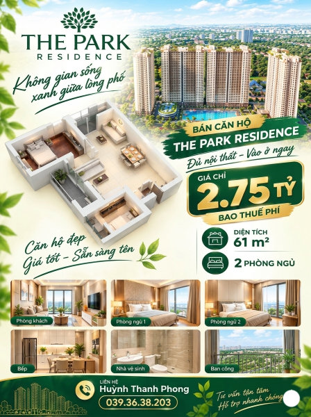 61m2 - Giá 2.75 tỷ bao thuế phí - 2PN1WC The Park Residence